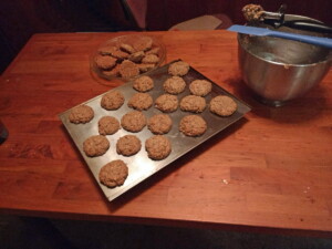Oatmeal Cookie recipe; a plate of fresh, still-hot, oatmeal cookies and a pan full ready to go into the oven, 